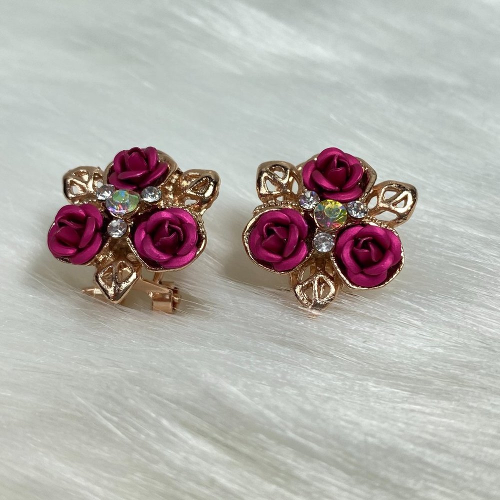 Pink Roses Gold Tone AB Rhinestone Pierced Earring - Picture 4 of 10